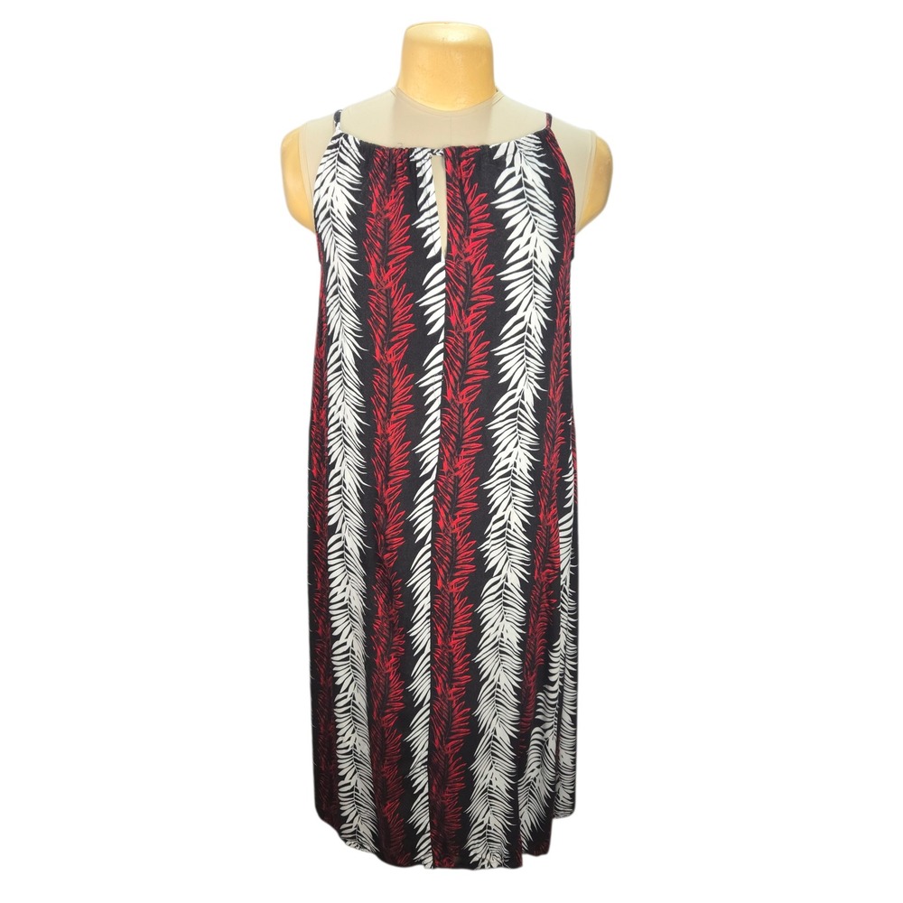 Hula Bay Midi Dress Womens L-13 Tropical Palm‎ Leaf Rayon Summer Vacation Resort
